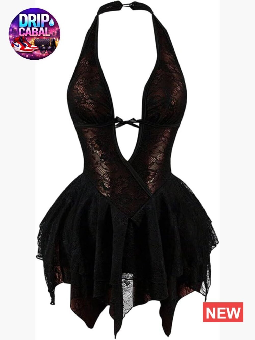 Sexy Open Back Halter Deep V Neck Lace Mini Dress Layered Ruffle Y2k Party Dress